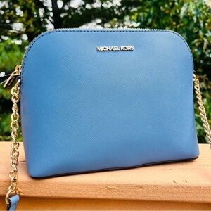 Michael Kors Cindy Large Leather Dome Crossbody Blue Gold Chain NWT